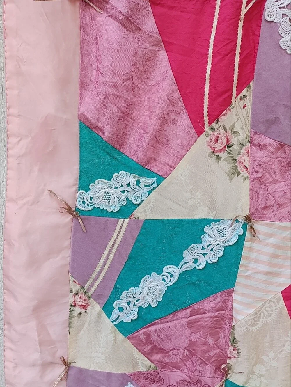 Vintage Handsewn Patchwork Satin Lace Quilt, Grandmacore, Victorian, Cottagecore